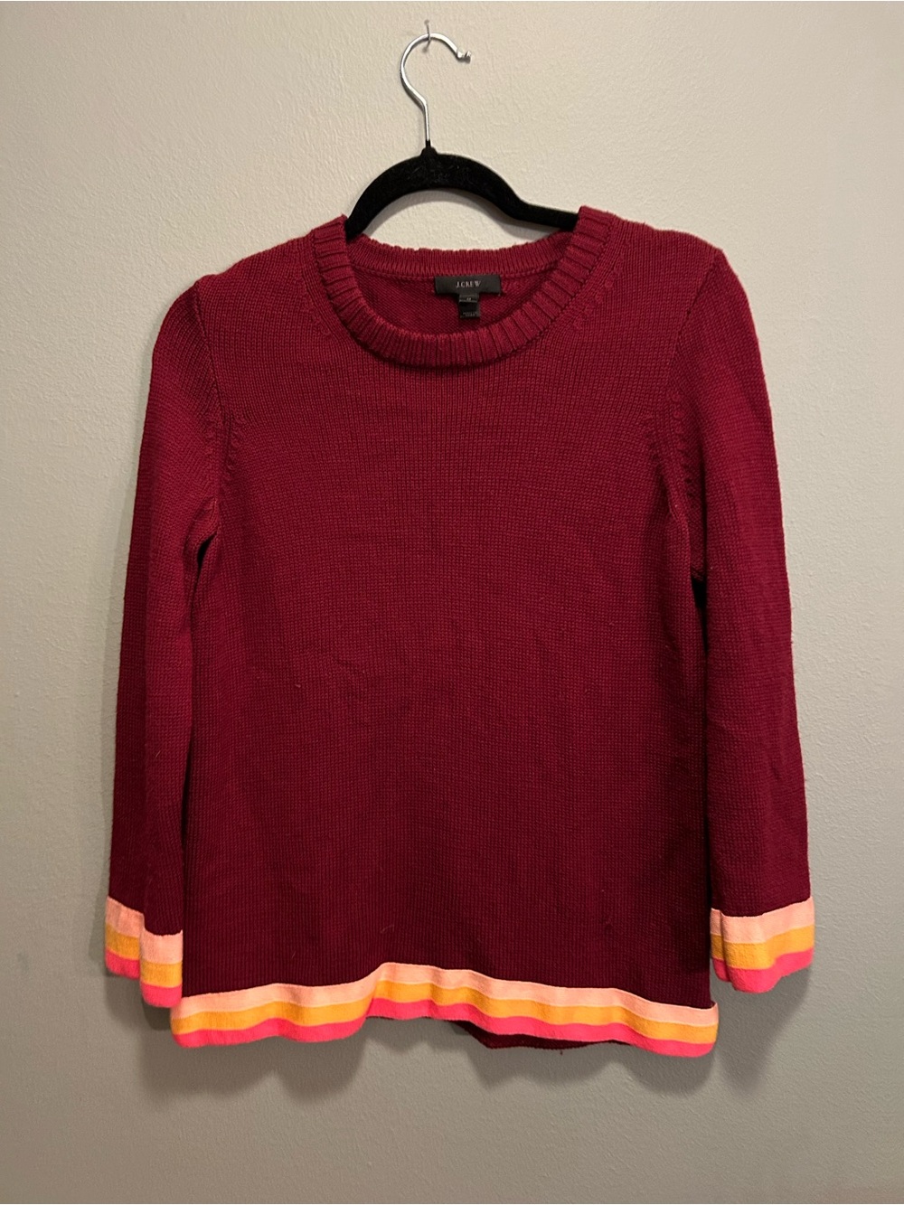 J. Crew Wine Crewneck Sweater with Pink, Orange & Cream Stripe Hem